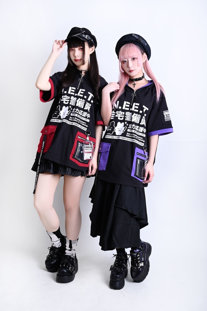 Jillpunk可愛い お宅界隈 アニメ ニ次コン 戦闘ウサギ NEET 自宅警備員 IDホルダー付き 痛カーゴポケット 1/4ジップ 兎耳 ゆったり半袖 パーカー オリジナル メンズ レディーズ おしゃれ 男女兼用 ファッション 秋葉系