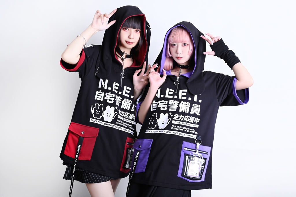 Jillpunk可愛い お宅界隈 アニメ ニ次コン 戦闘ウサギ NEET 自宅警備員 IDホルダー付き 痛カーゴポケット 1/4ジップ 兎耳 ゆったり半袖 パーカー オリジナル メンズ レディーズ おしゃれ 男女兼用 ファッション 秋葉系