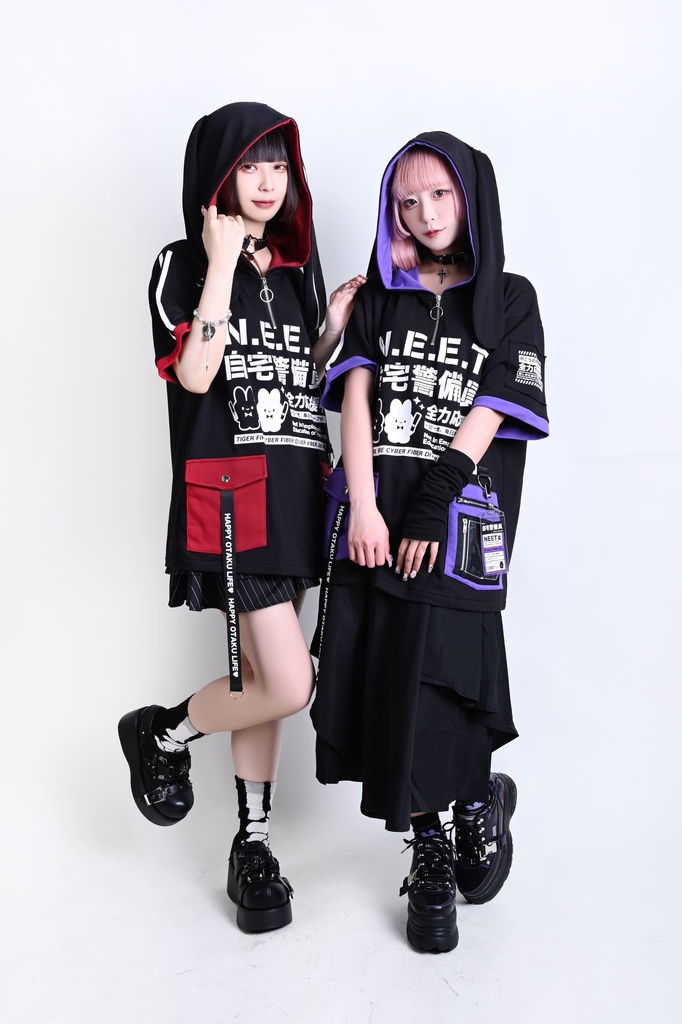 Jillpunk可愛い お宅界隈 アニメ ニ次コン 戦闘ウサギ NEET 自宅警備員 IDホルダー付き 痛カーゴポケット 1/4ジップ 兎耳 ゆったり半袖 パーカー オリジナル メンズ レディーズ おしゃれ 男女兼用 ファッション 秋葉系