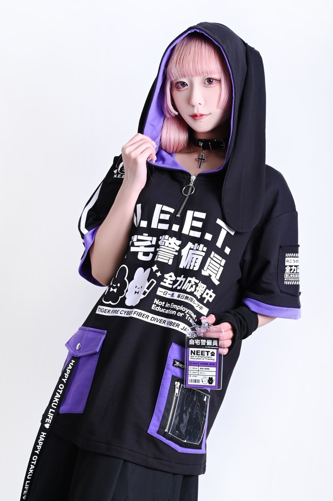 Jillpunk可愛い お宅界隈 アニメ ニ次コン 戦闘ウサギ NEET 自宅警備員 IDホルダー付き 痛カーゴポケット 1/4ジップ 兎耳 ゆったり半袖 パーカー オリジナル メンズ レディーズ おしゃれ 男女兼用 ファッション 秋葉系