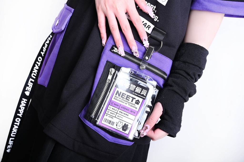 Jillpunk可愛い お宅界隈 アニメ ニ次コン 戦闘ウサギ NEET 自宅警備員 IDホルダー付き 痛カーゴポケット 1/4ジップ 兎耳 ゆったり半袖 パーカー オリジナル メンズ レディーズ おしゃれ 男女兼用 ファッション 秋葉系