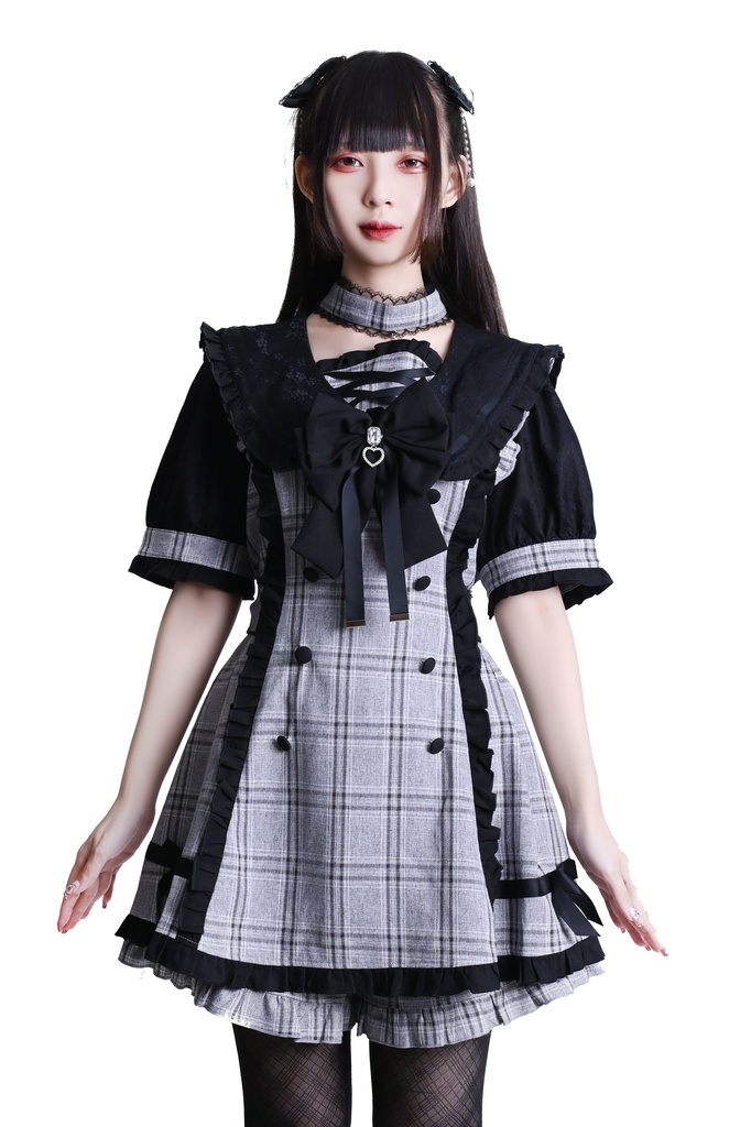 Jillpunk 量産型 天使界隈 あざと可愛い ロマンスプロローグ ロリータ 蝶ネクタイ チョーカー付き ダブルブレスト セーラー服 チェック柄 半袖ワンピース&ショーパン セット オリジナル 地雷系 おしゃれ 秋葉原
