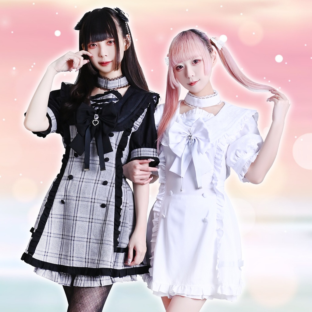 Jillpunk 量産型 天使界隈 あざと可愛い ロマンスプロローグ ロリータ 蝶ネクタイ チョーカー付き ダブルブレスト セーラー服 チェック柄 半袖ワンピース&ショーパン セット オリジナル 地雷系 おしゃれ 秋葉原