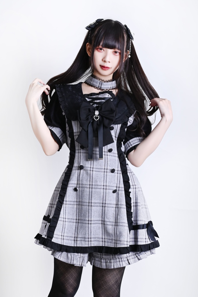 Jillpunk 量産型 天使界隈 あざと可愛い ロマンスプロローグ ロリータ 蝶ネクタイ チョーカー付き ダブルブレスト セーラー服 チェック柄 半袖ワンピース&ショーパン セット オリジナル 地雷系 おしゃれ 秋葉原