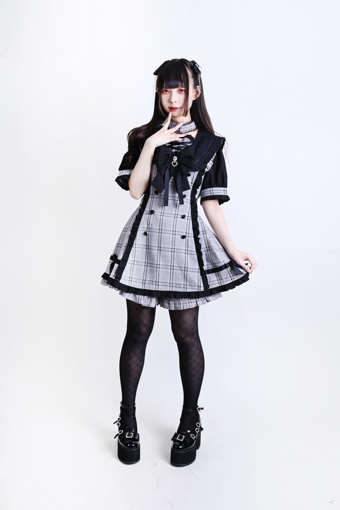 Jillpunk 量産型 天使界隈 あざと可愛い ロマンスプロローグ ロリータ 蝶ネクタイ チョーカー付き ダブルブレスト セーラー服 チェック柄 半袖ワンピース&ショーパン セット オリジナル 地雷系 おしゃれ 秋葉原