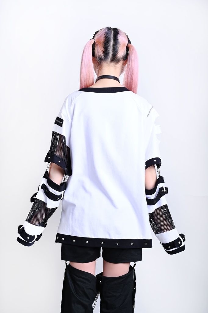 Jillpunk 王道パンク ロック 夢縛結界 ドリームキャッチャー バンギャ 漸層グラデ クロスネックレス アームカバー付き 網目切替半袖カットソーTシャツ メンズ レディーズ V系 おしゃれ男女兼用カッコいい ファッション