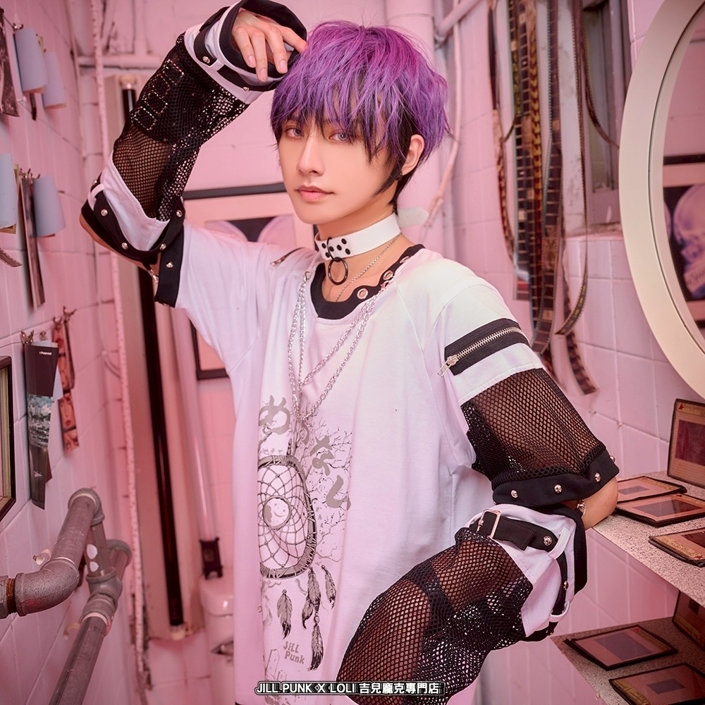 Jillpunk 王道パンク ロック 夢縛結界 ドリームキャッチャー バンギャ 漸層グラデ クロスネックレス アームカバー付き 網目切替半袖カットソーTシャツ メンズ レディーズ V系 おしゃれ男女兼用カッコいい ファッション