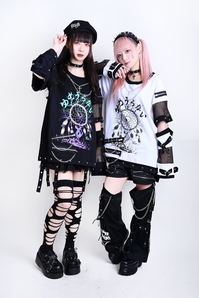 Jillpunk 王道パンク ロック 夢縛結界 ドリームキャッチャー バンギャ 漸層グラデ クロスネックレス アームカバー付き 網目切替半袖カットソーTシャツ メンズ レディーズ V系 おしゃれ男女兼用カッコいい ファッション