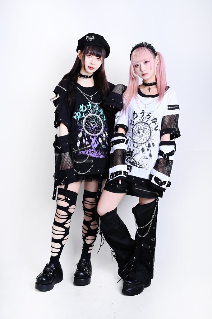 Jillpunk 王道パンク ロック 夢縛結界 ドリームキャッチャー バンギャ 漸層グラデ クロスネックレス アームカバー付き 網目切替半袖カットソーTシャツ メンズ レディーズ V系 おしゃれ男女兼用カッコいい ファッション