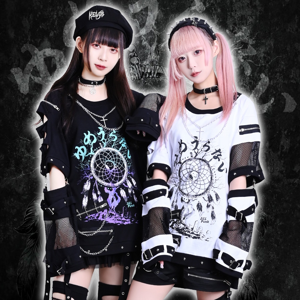 Jillpunk 王道パンク ロック 夢縛結界 ドリームキャッチャー バンギャ 漸層グラデ クロスネックレス アームカバー付き 網目切替半袖カットソーTシャツ メンズ レディーズ V系 おしゃれ男女兼用カッコいい ファッション