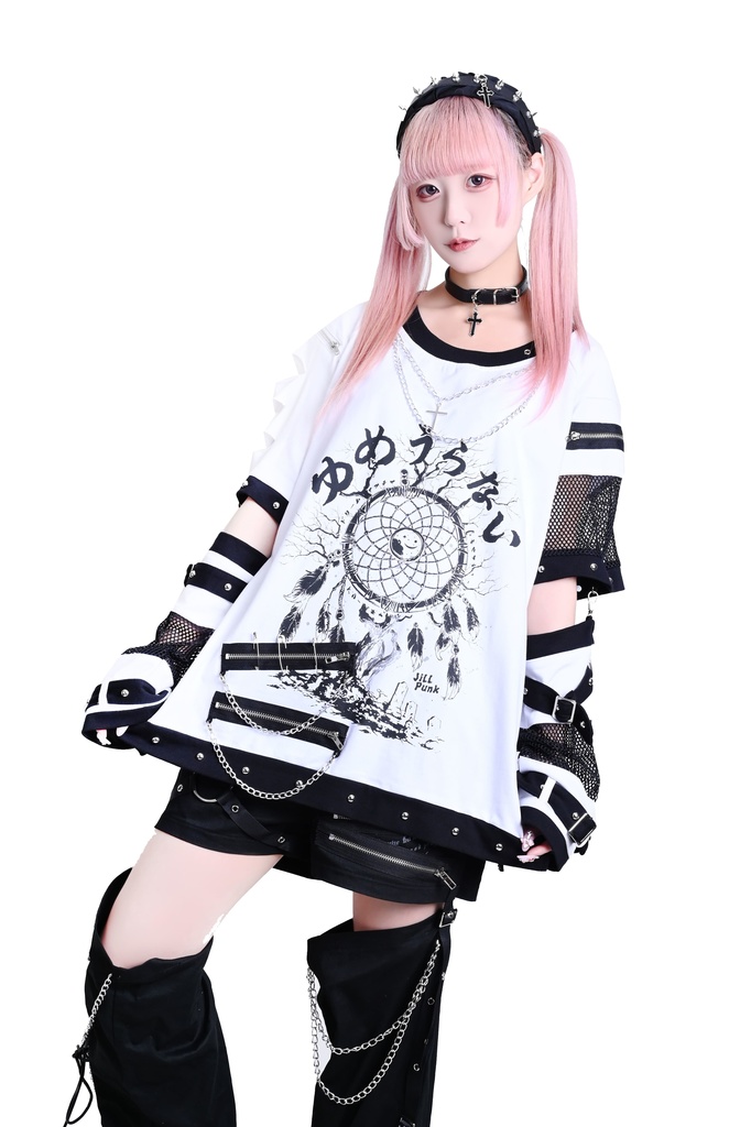Jillpunk 王道パンク ロック 夢縛結界 ドリームキャッチャー バンギャ 漸層グラデ クロスネックレス アームカバー付き 網目切替半袖カットソーTシャツ メンズ レディーズ V系 おしゃれ男女兼用カッコいい ファッション