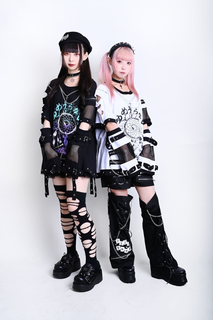 Jillpunk 王道パンク ロック 夢縛結界 ドリームキャッチャー バンギャ 漸層グラデ クロスネックレス アームカバー付き 網目切替半袖カットソーTシャツ メンズ レディーズ V系 おしゃれ男女兼用カッコいい ファッション