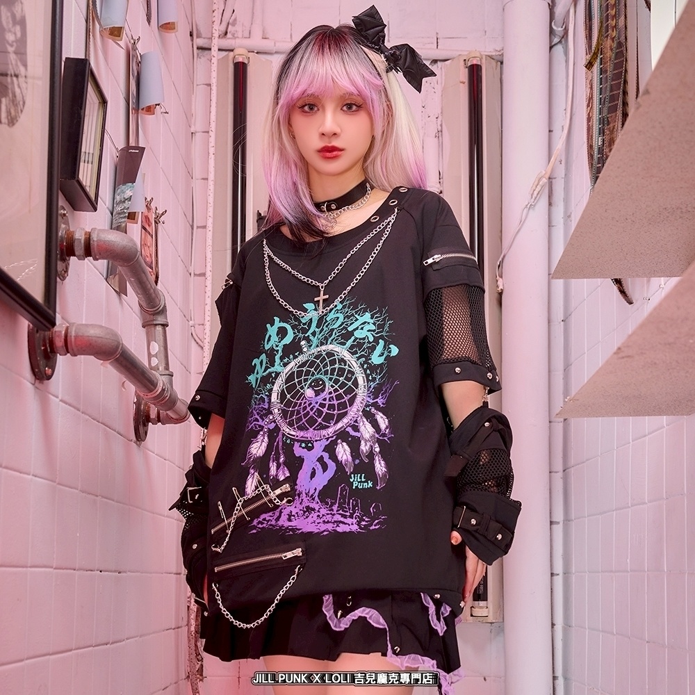 Jillpunk 王道パンク ロック 夢縛結界 ドリームキャッチャー バンギャ 漸層グラデ クロスネックレス アームカバー付き 網目切替半袖カットソーTシャツ メンズ レディーズ V系 おしゃれ男女兼用カッコいい ファッション