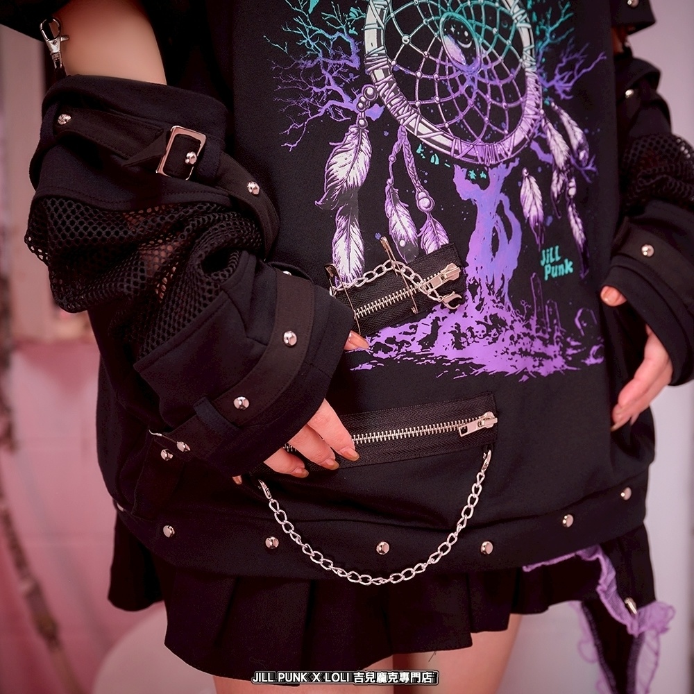 Jillpunk 王道パンク ロック 夢縛結界 ドリームキャッチャー バンギャ 漸層グラデ クロスネックレス アームカバー付き 網目切替半袖カットソーTシャツ メンズ レディーズ V系 おしゃれ男女兼用カッコいい ファッション