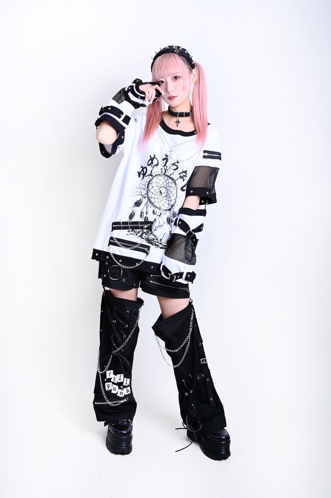 Jillpunk 王道パンク ロック 夢縛結界 ドリームキャッチャー バンギャ 漸層グラデ クロスネックレス アームカバー付き 網目切替半袖カットソーTシャツ メンズ レディーズ V系 おしゃれ男女兼用カッコいい ファッション