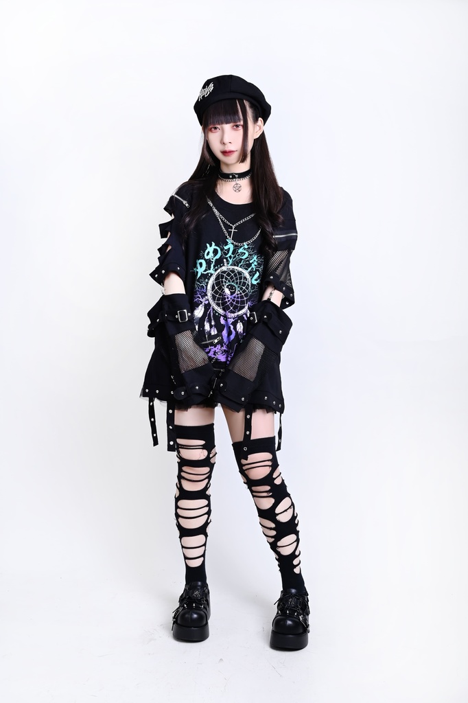 Jillpunk 王道パンク ロック 夢縛結界 ドリームキャッチャー バンギャ 漸層グラデ クロスネックレス アームカバー付き 網目切替半袖カットソーTシャツ メンズ レディーズ V系 おしゃれ男女兼用カッコいい ファッション