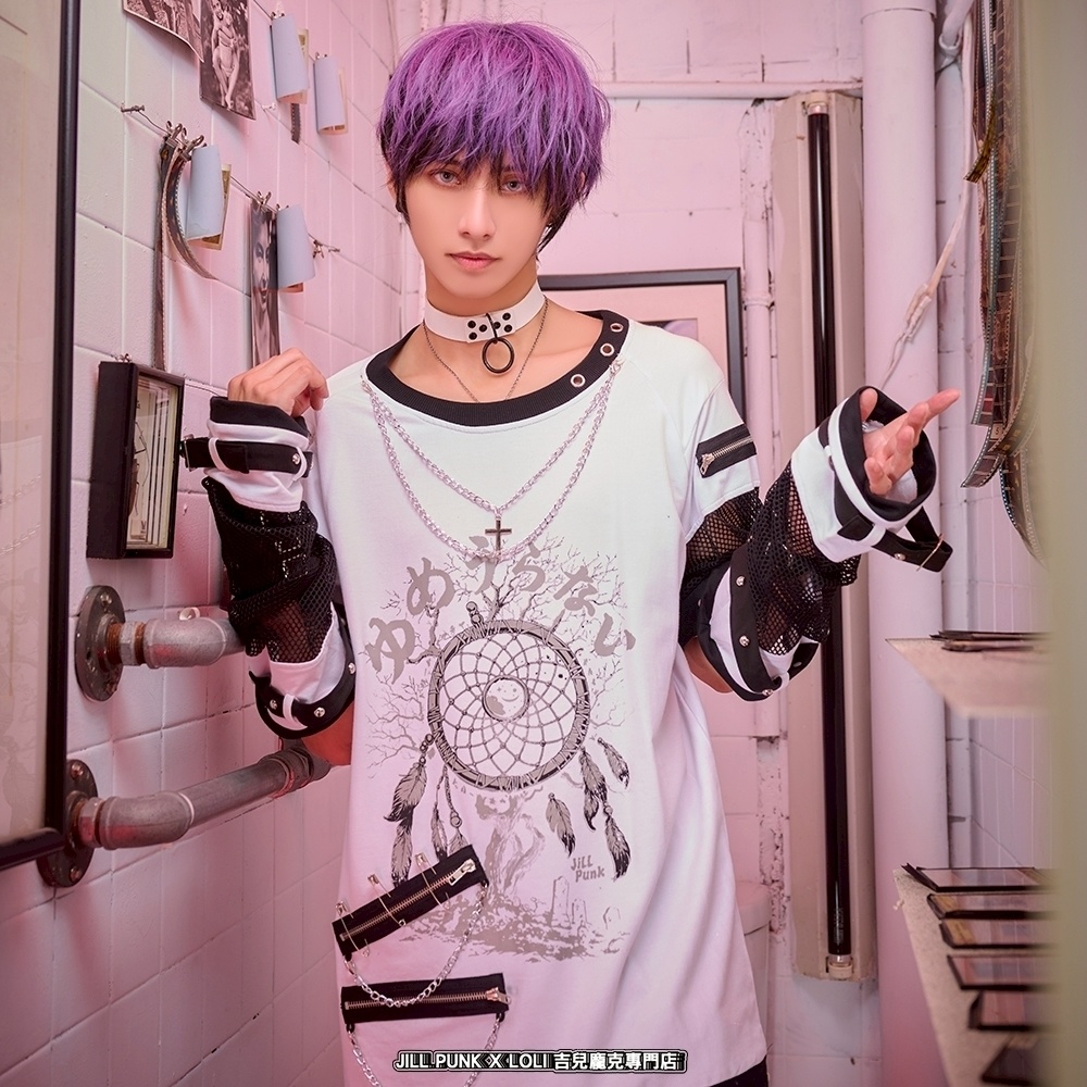 Jillpunk 王道パンク ロック 夢縛結界 ドリームキャッチャー バンギャ 漸層グラデ クロスネックレス アームカバー付き 網目切替半袖カットソーTシャツ メンズ レディーズ V系 おしゃれ男女兼用カッコいい ファッション