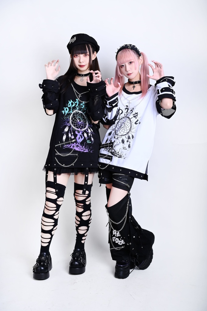 Jillpunk 王道パンク ロック 夢縛結界 ドリームキャッチャー バンギャ 漸層グラデ クロスネックレス アームカバー付き 網目切替半袖カットソーTシャツ メンズ レディーズ V系 おしゃれ男女兼用カッコいい ファッション