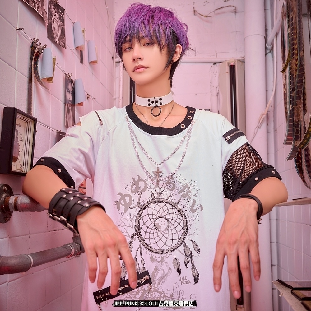 Jillpunk 王道パンク ロック 夢縛結界 ドリームキャッチャー バンギャ 漸層グラデ クロスネックレス アームカバー付き 網目切替半袖カットソーTシャツ メンズ レディーズ V系 おしゃれ男女兼用カッコいい ファッション