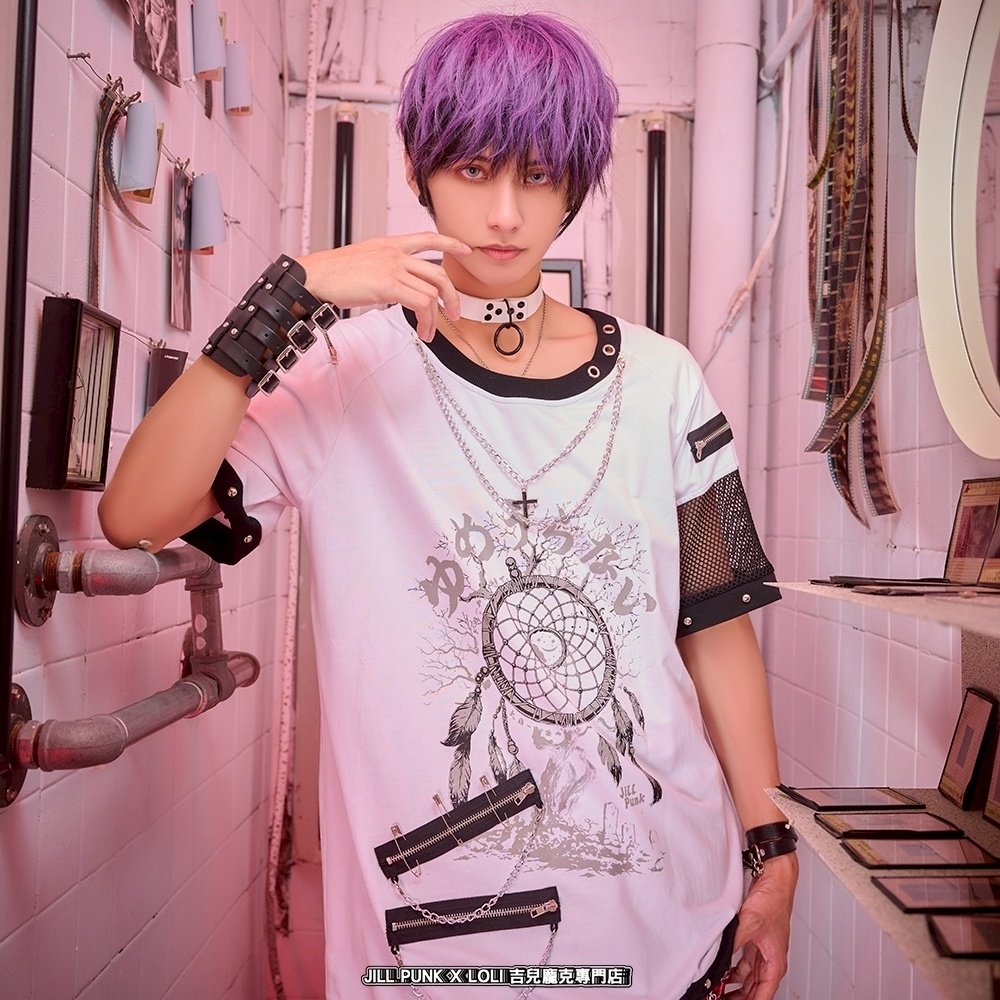 Jillpunk 王道パンク ロック 夢縛結界 ドリームキャッチャー バンギャ 漸層グラデ クロスネックレス アームカバー付き 網目切替半袖カットソーTシャツ メンズ レディーズ V系 おしゃれ男女兼用カッコいい ファッション