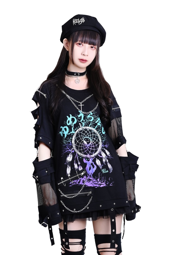 Jillpunk 王道パンク ロック 夢縛結界 ドリームキャッチャー バンギャ 漸層グラデ クロスネックレス アームカバー付き 網目切替半袖カットソーTシャツ メンズ レディーズ V系 おしゃれ男女兼用カッコいい ファッション