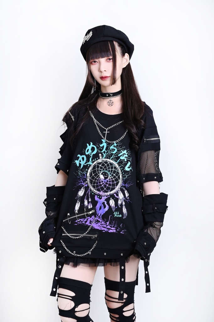 Jillpunk 王道パンク ロック 夢縛結界 ドリームキャッチャー バンギャ 漸層グラデ クロスネックレス アームカバー付き 網目切替半袖カットソーTシャツ メンズ レディーズ V系 おしゃれ男女兼用カッコいい ファッション