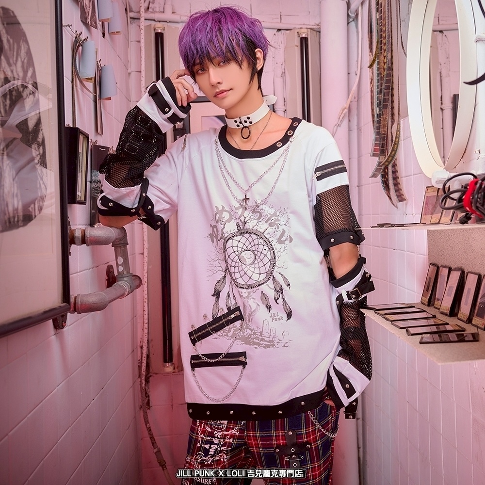 Jillpunk 王道パンク ロック 夢縛結界 ドリームキャッチャー バンギャ 漸層グラデ クロスネックレス アームカバー付き 網目切替半袖カットソーTシャツ メンズ レディーズ V系 おしゃれ男女兼用カッコいい ファッション