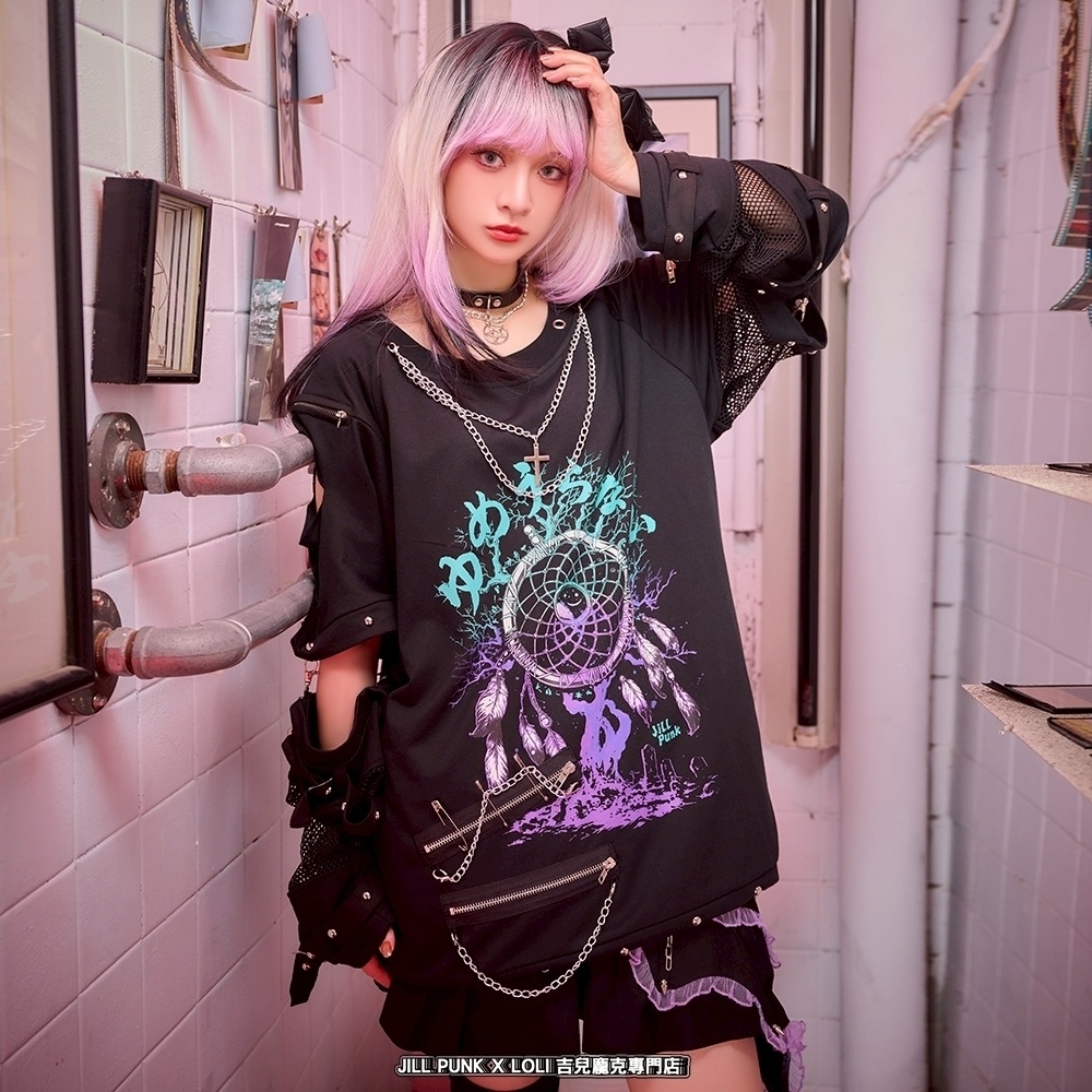 Jillpunk 王道パンク ロック 夢縛結界 ドリームキャッチャー バンギャ 漸層グラデ クロスネックレス アームカバー付き 網目切替半袖カットソーTシャツ メンズ レディーズ V系 おしゃれ男女兼用カッコいい ファッション