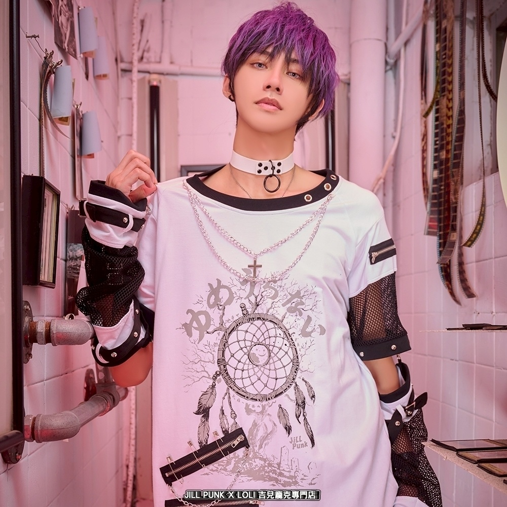 Jillpunk 王道パンク ロック 夢縛結界 ドリームキャッチャー バンギャ 漸層グラデ クロスネックレス アームカバー付き 網目切替半袖カットソーTシャツ メンズ レディーズ V系 おしゃれ男女兼用カッコいい ファッション