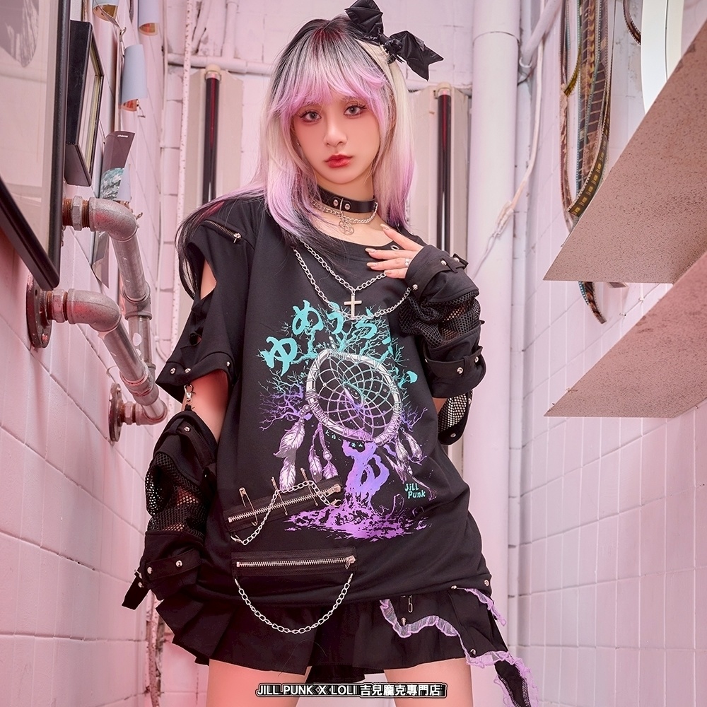 Jillpunk 王道パンク ロック 夢縛結界 ドリームキャッチャー バンギャ 漸層グラデ クロスネックレス アームカバー付き 網目切替半袖カットソーTシャツ メンズ レディーズ V系 おしゃれ男女兼用カッコいい ファッション