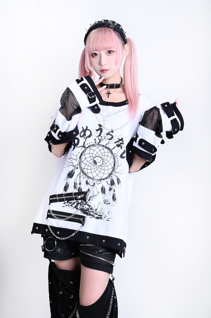 Jillpunk 王道パンク ロック 夢縛結界 ドリームキャッチャー バンギャ 漸層グラデ クロスネックレス アームカバー付き 網目切替半袖カットソーTシャツ メンズ レディーズ V系 おしゃれ男女兼用カッコいい ファッション