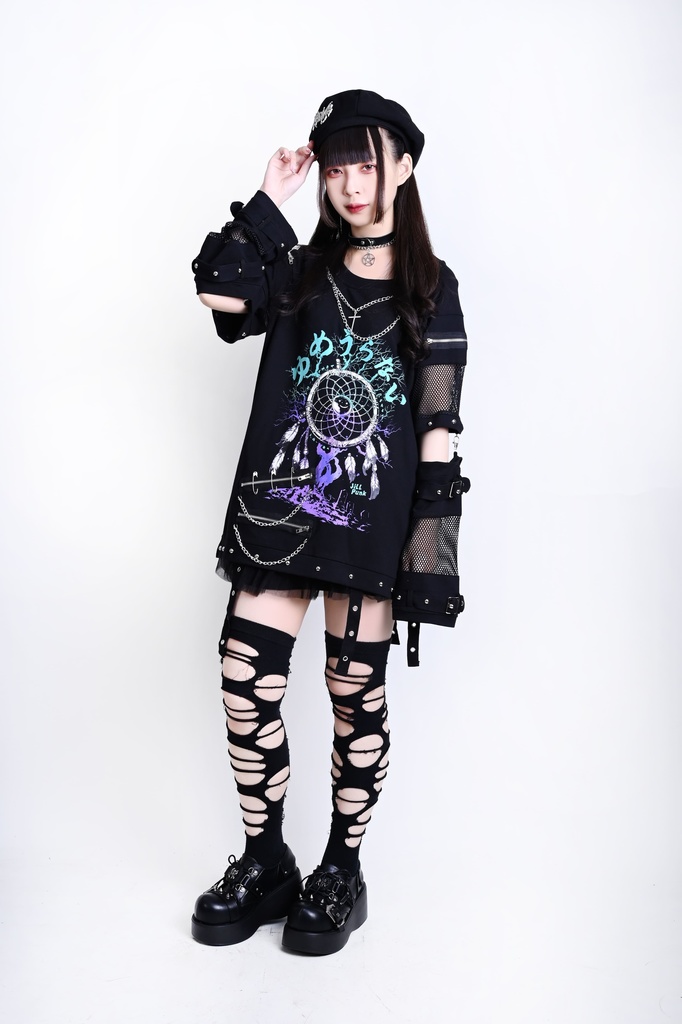 Jillpunk 王道パンク ロック 夢縛結界 ドリームキャッチャー バンギャ 漸層グラデ クロスネックレス アームカバー付き 網目切替半袖カットソーTシャツ メンズ レディーズ V系 おしゃれ男女兼用カッコいい ファッション