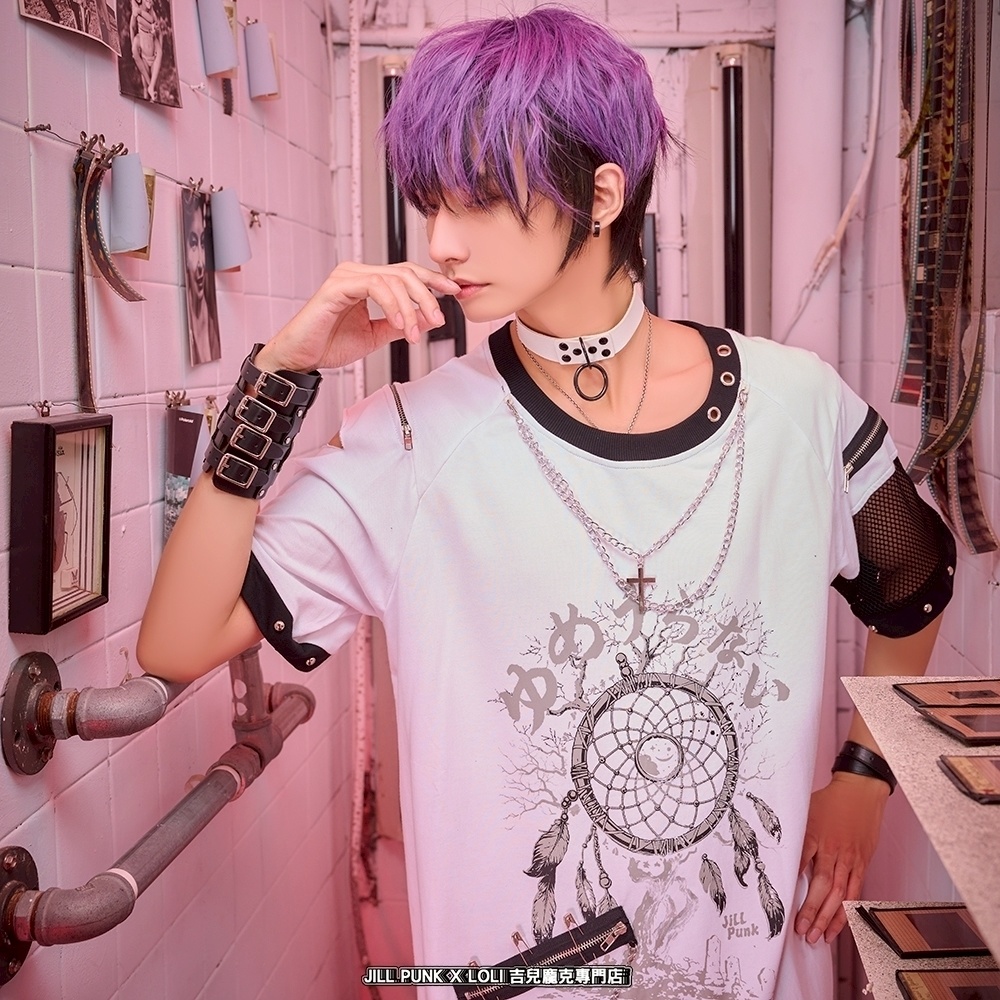 Jillpunk 王道パンク ロック 夢縛結界 ドリームキャッチャー バンギャ 漸層グラデ クロスネックレス アームカバー付き 網目切替半袖カットソーTシャツ メンズ レディーズ V系 おしゃれ男女兼用カッコいい ファッション