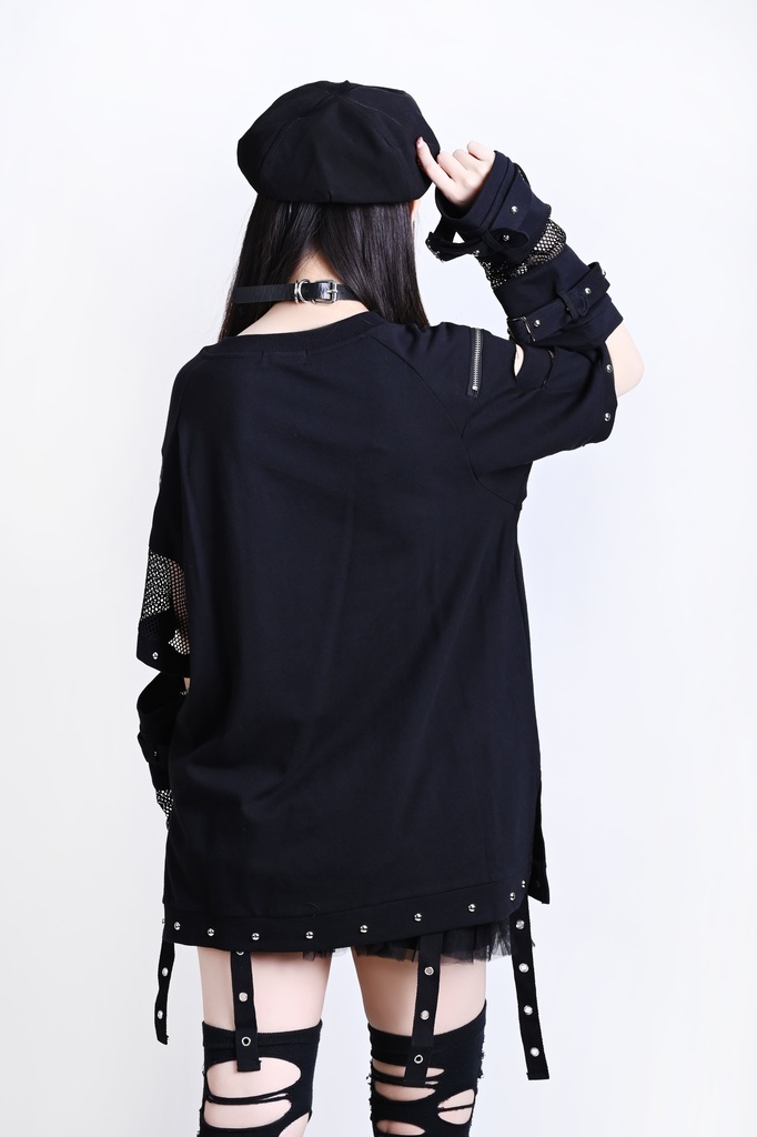 Jillpunk 王道パンク ロック 夢縛結界 ドリームキャッチャー バンギャ 漸層グラデ クロスネックレス アームカバー付き 網目切替半袖カットソーTシャツ メンズ レディーズ V系 おしゃれ男女兼用カッコいい ファッション