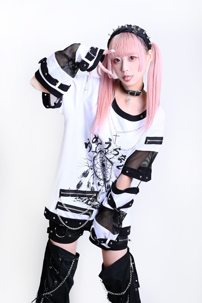 Jillpunk 王道パンク ロック 夢縛結界 ドリームキャッチャー バンギャ 漸層グラデ クロスネックレス アームカバー付き 網目切替半袖カットソーTシャツ メンズ レディーズ V系 おしゃれ男女兼用カッコいい ファッション