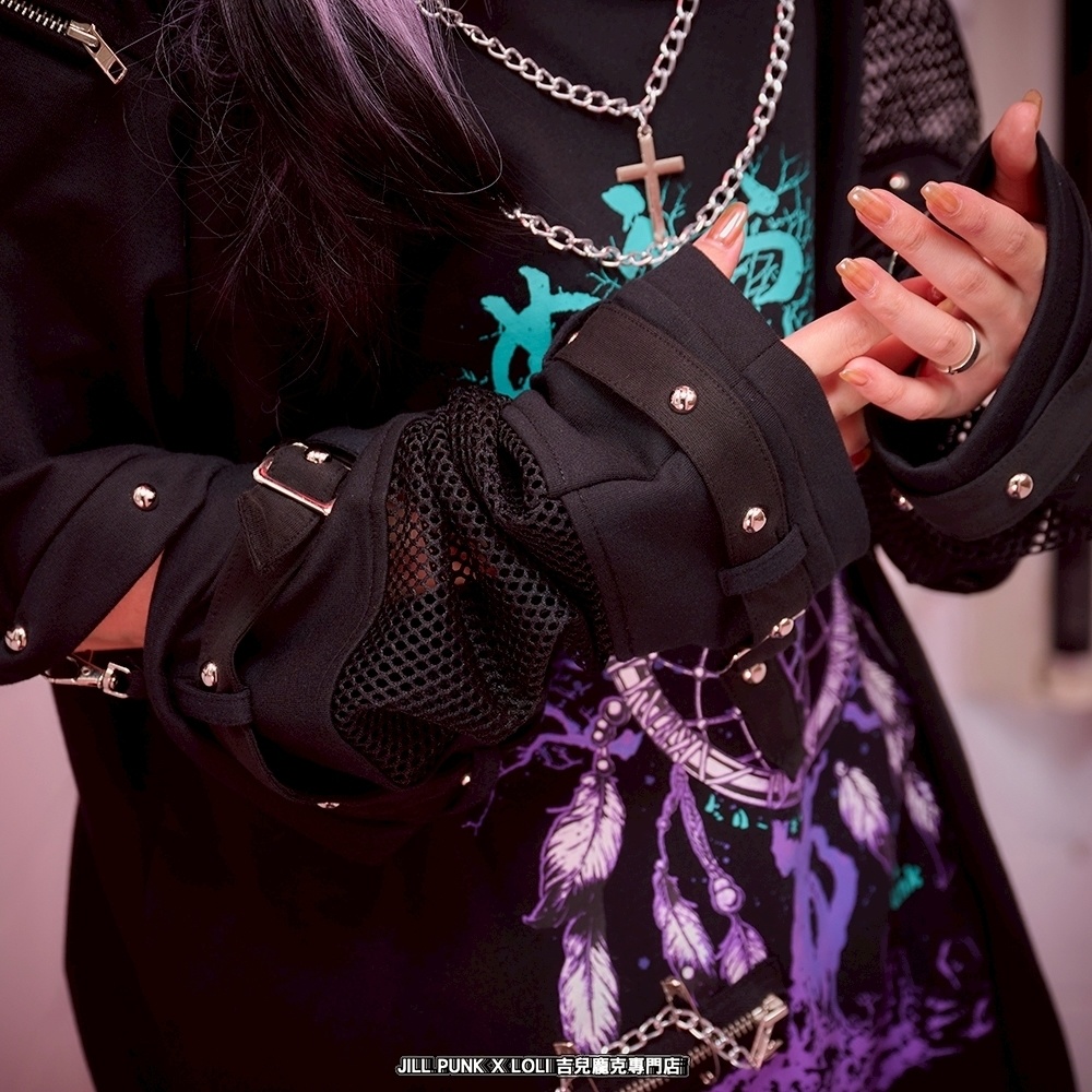Jillpunk 王道パンク ロック 夢縛結界 ドリームキャッチャー バンギャ 漸層グラデ クロスネックレス アームカバー付き 網目切替半袖カットソーTシャツ メンズ レディーズ V系 おしゃれ男女兼用カッコいい ファッション