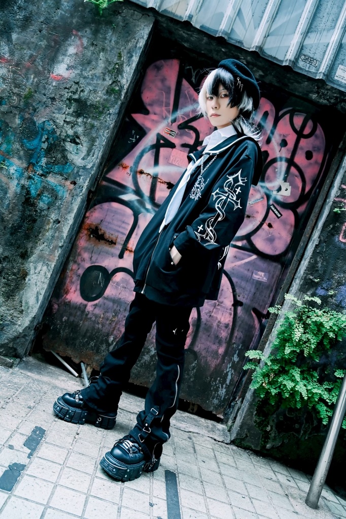 Jillpunk原宿 お宅 アニメ界隈 墮天領域 ラペルチェーン付き 水兵ネクタイ 刺繍入り ゆったり セーラー服長袖ジャケット オリジナルメンズ レディー おしゃれ 男女兼用ファッション秋葉系