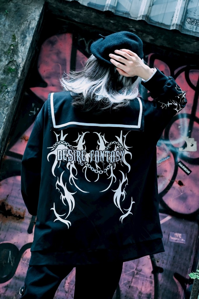 Jillpunk原宿 お宅 アニメ界隈 墮天領域 ラペルチェーン付き 水兵ネクタイ 刺繍入り ゆったり セーラー服長袖ジャケット オリジナルメンズ レディー おしゃれ 男女兼用ファッション秋葉系