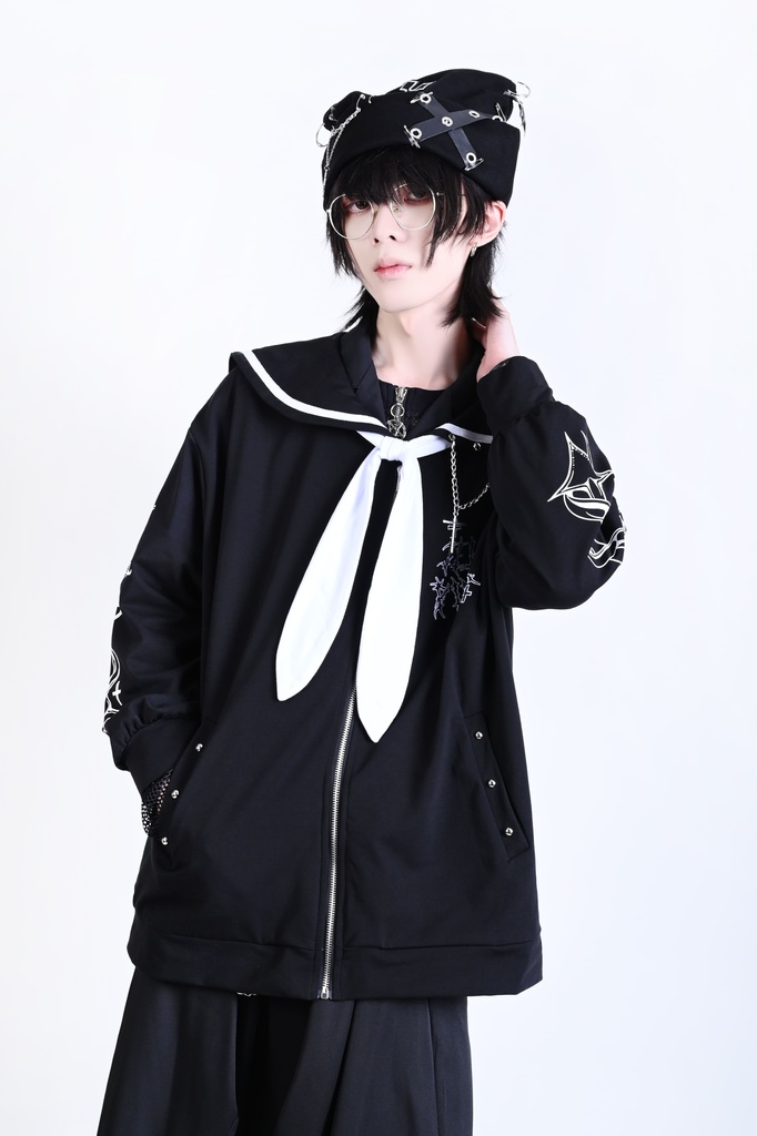 Jillpunk原宿 お宅 アニメ界隈 墮天領域 ラペルチェーン付き 水兵ネクタイ 刺繍入り ゆったり セーラー服長袖ジャケット オリジナルメンズ レディー おしゃれ 男女兼用ファッション秋葉系