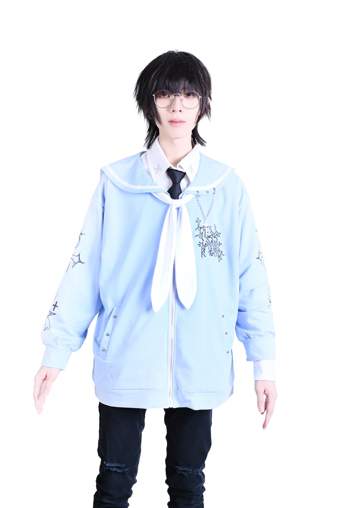 Jillpunk原宿 お宅 アニメ界隈 墮天領域 ラペルチェーン付き 水兵ネクタイ 刺繍入り ゆったり セーラー服長袖ジャケット オリジナルメンズ レディー おしゃれ 男女兼用ファッション秋葉系