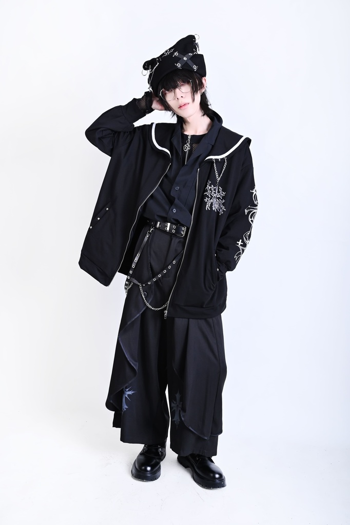 Jillpunk原宿 お宅 アニメ界隈 墮天領域 ラペルチェーン付き 水兵ネクタイ 刺繍入り ゆったり セーラー服長袖ジャケット オリジナルメンズ レディー おしゃれ 男女兼用ファッション秋葉系