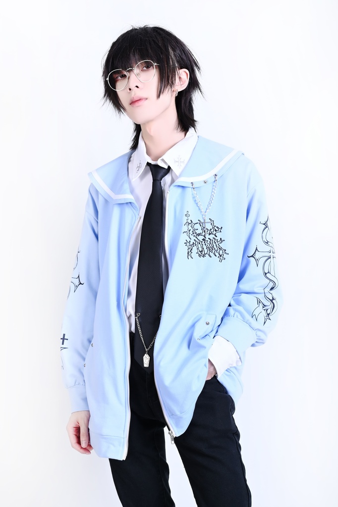 Jillpunk原宿 お宅 アニメ界隈 墮天領域 ラペルチェーン付き 水兵ネクタイ 刺繍入り ゆったり セーラー服長袖ジャケット オリジナルメンズ レディー おしゃれ 男女兼用ファッション秋葉系