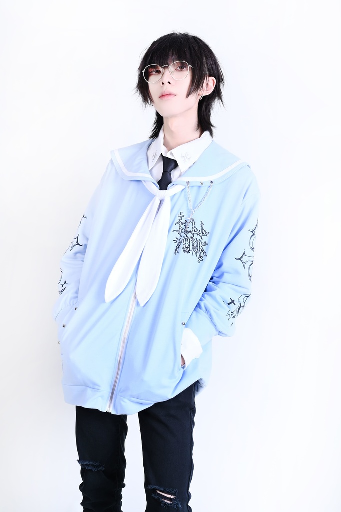 Jillpunk原宿 お宅 アニメ界隈 墮天領域 ラペルチェーン付き 水兵ネクタイ 刺繍入り ゆったり セーラー服長袖ジャケット オリジナルメンズ レディー おしゃれ 男女兼用ファッション秋葉系