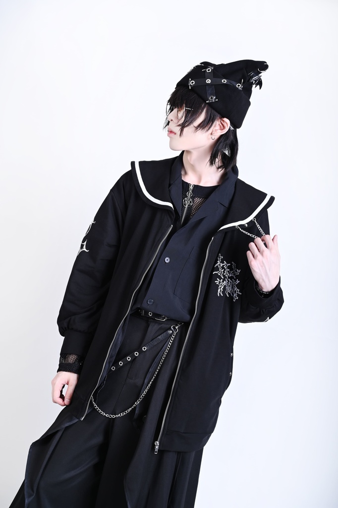 Jillpunk原宿 お宅 アニメ界隈 墮天領域 ラペルチェーン付き 水兵ネクタイ 刺繍入り ゆったり セーラー服長袖ジャケット オリジナルメンズ レディー おしゃれ 男女兼用ファッション秋葉系