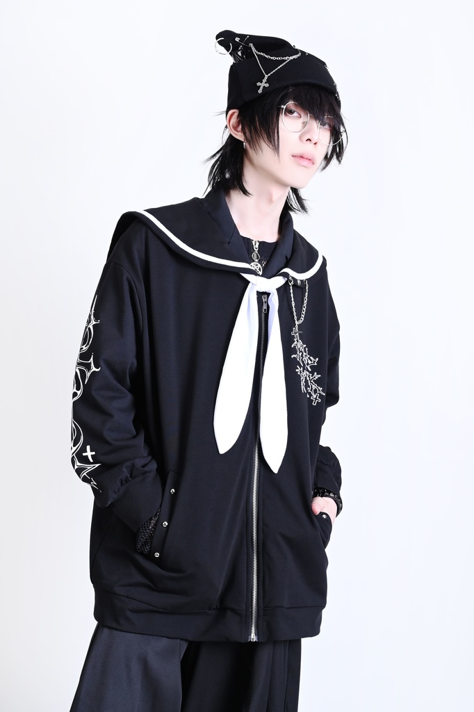 Jillpunk原宿 お宅 アニメ界隈 墮天領域 ラペルチェーン付き 水兵ネクタイ 刺繍入り ゆったり セーラー服長袖ジャケット オリジナルメンズ レディー おしゃれ 男女兼用ファッション秋葉系