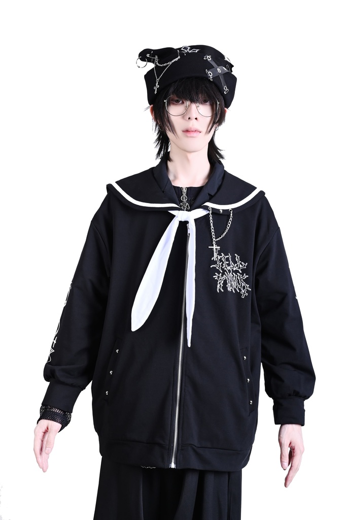 Jillpunk原宿 お宅 アニメ界隈 墮天領域 ラペルチェーン付き 水兵ネクタイ 刺繍入り ゆったり セーラー服長袖ジャケット オリジナルメンズ レディー おしゃれ 男女兼用ファッション秋葉系