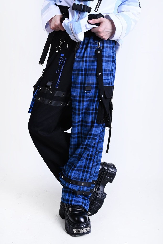 Jillpunk可愛い お宅界隈 アニメ 社交ネコ NEET 自宅警備員 刺繡入り タータンチェック柄 サスペンダー付き ワークポケット ストレートズボン ロングカーゴパンツ オリジナル メンズ レディーズ おしゃれ 男女兼用 ファッション 秋葉系