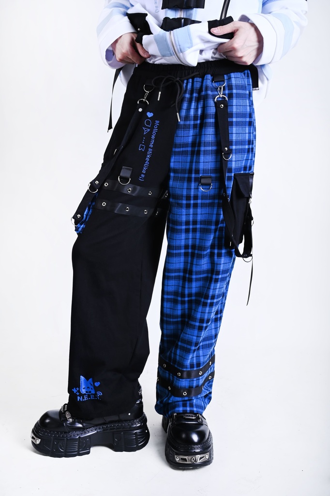 Jillpunk可愛い お宅界隈 アニメ 社交ネコ NEET 自宅警備員 刺繡入り タータンチェック柄 サスペンダー付き ワークポケット ストレートズボン ロングカーゴパンツ オリジナル メンズ レディーズ おしゃれ 男女兼用 ファッション 秋葉系