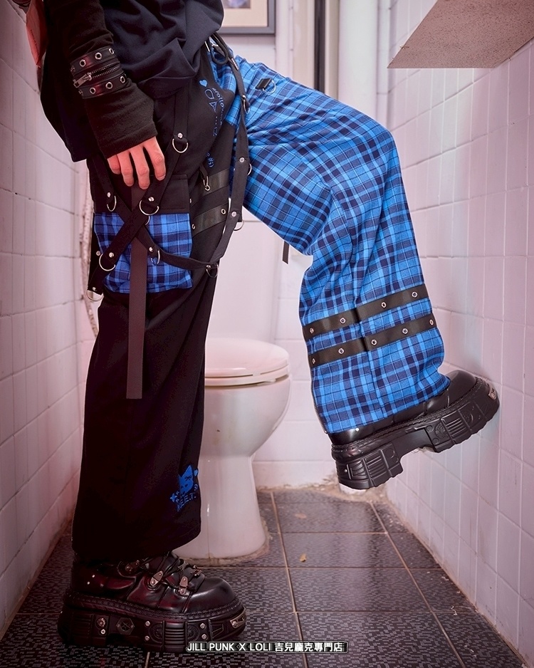 Jillpunk可愛い お宅界隈 アニメ 社交ネコ NEET 自宅警備員 刺繡入り タータンチェック柄 サスペンダー付き ワークポケット ストレートズボン ロングカーゴパンツ オリジナル メンズ レディーズ おしゃれ 男女兼用 ファッション 秋葉系