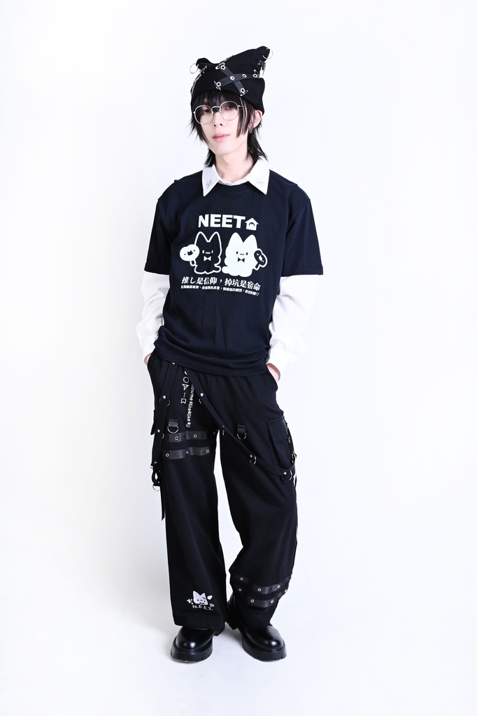 Jillpunk可愛い お宅界隈 アニメ 社交ネコ NEET 自宅警備員 刺繡入り タータンチェック柄 サスペンダー付き ワークポケット ストレートズボン ロングカーゴパンツ オリジナル メンズ レディーズ おしゃれ 男女兼用 ファッション 秋葉系